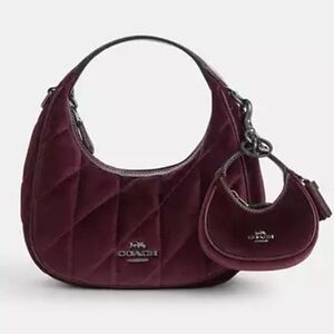 NWT! Coach Mini Coach bag charm beautiful velvet and smooth leather in burgundy